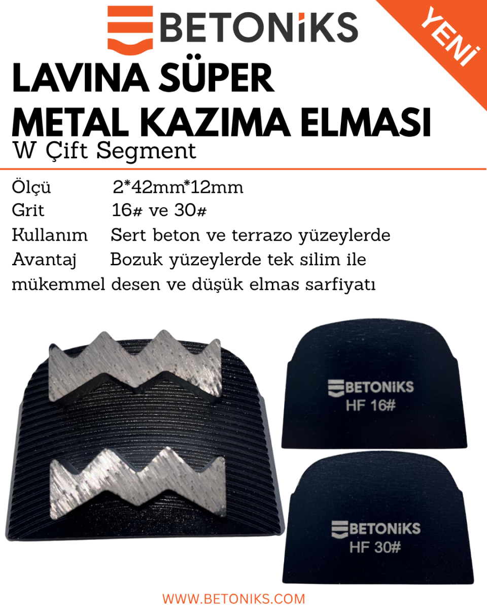 LAVİNA MAKİNELER İÇİN W BAR ÇİFT SEGMENT SÜPER SİLİM ELMASI SERT BETON İÇİN